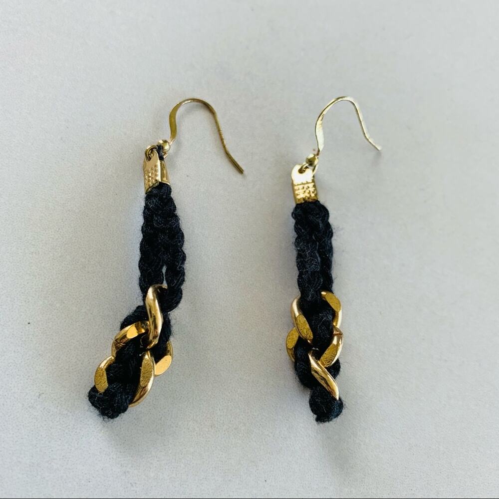 Black Braided Cotton w Gold Chain Dangle Earrings